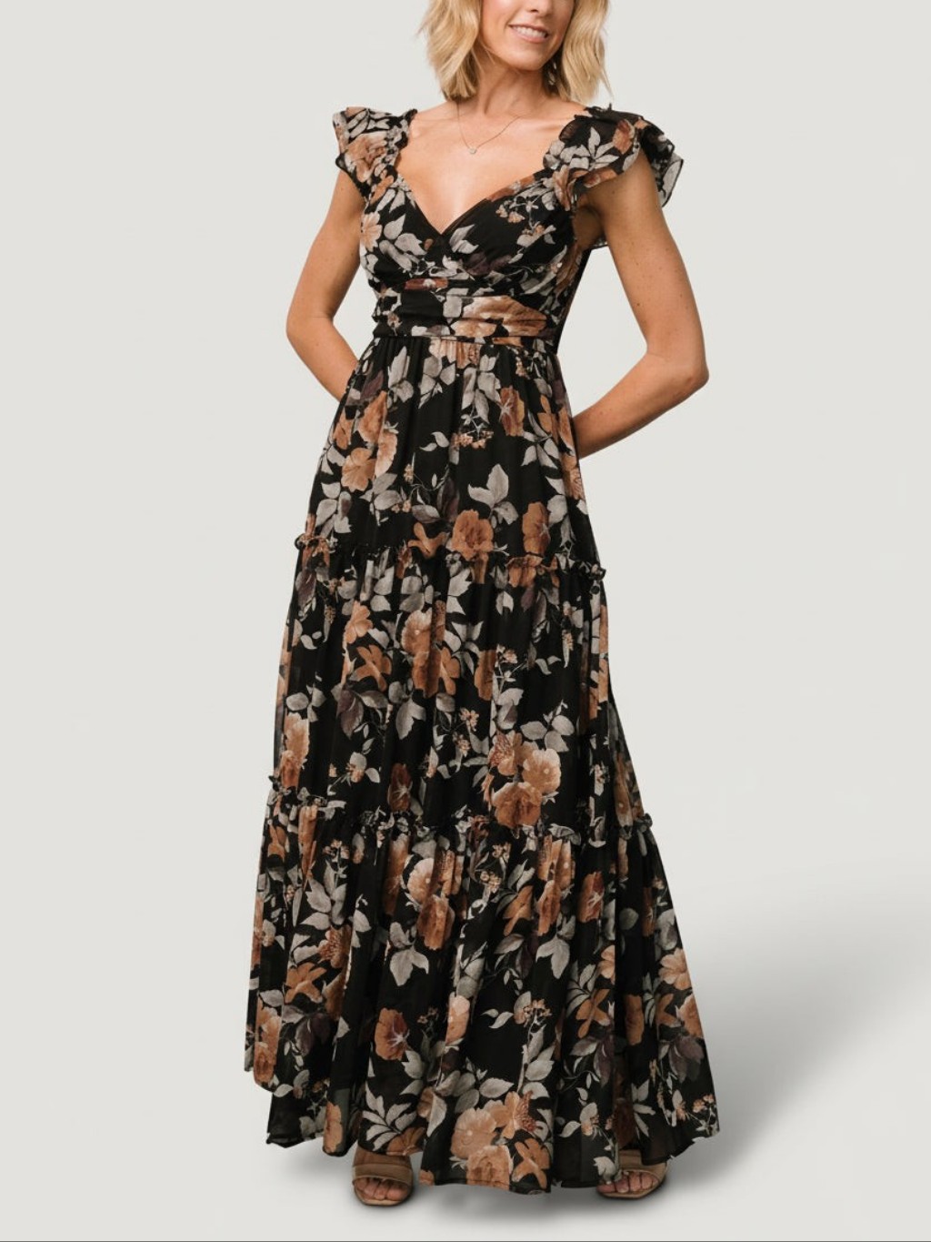 Baltic Born Martina Black Copper Floral Smocked Chiffon Maxi Dress Romantic M